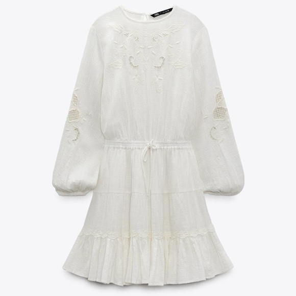 Zara Dresses & Skirts - NWT Zara Cream Embroidered Tiered Dress Long Sleeve Elastic Waist Boho Sz L